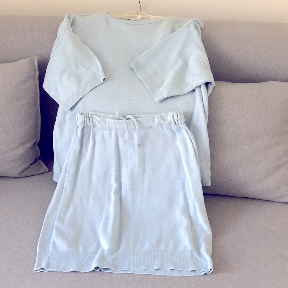 Two piece cotton crew neck top and skirt with draw string waist
